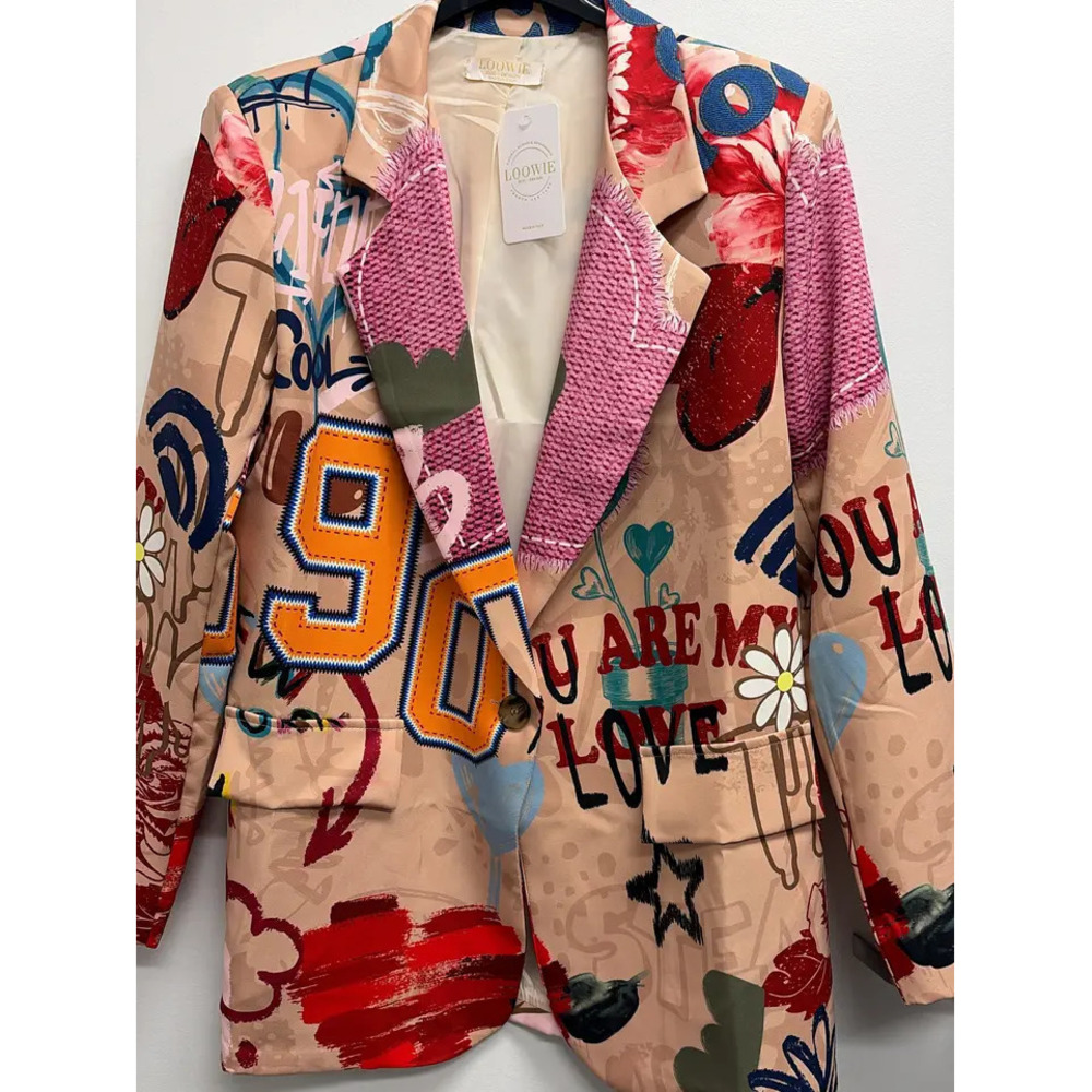 L907 Loowie Beige Pop Art Print Blazer One Size